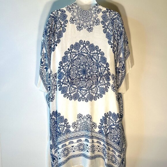 Ruggine OSFA Navy & White Gauzy oversized kimono Boho Chic Cover Up Beach - Picture 5 of 12